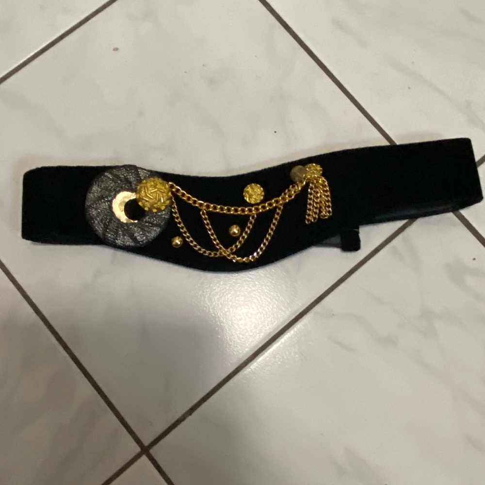 Vintage Whimsigoth Black Belt With Draped Gold Tone Chains Medallions